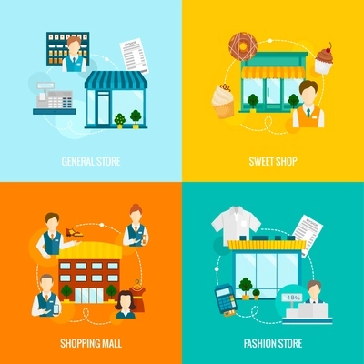 Store buildings flat icons set with sweet fashion general shop mall vector illustration