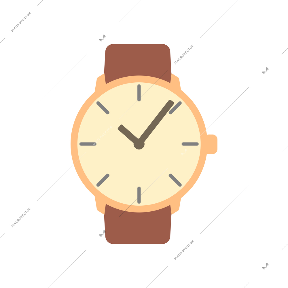 Classic wrist watch with brown leather band flat icon vector illustration