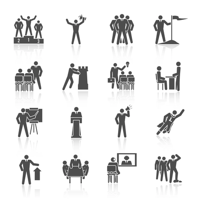 Leadership global organization partnership and group working icons black set isolated vector illustration