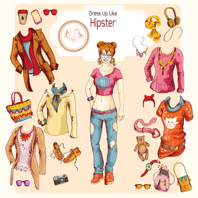 Hipster girl character sketch colored clothes and accessories decorative set vector illustration