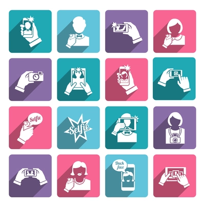 Selfie self portrait taking smartphone camera technology flat icons collection set isolated vector illustration