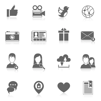 Mobile phone interface social media applications black icons set isolated vector illustration