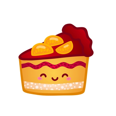 Piece of delicious fruit pie with cute smiling face flat vector illustration