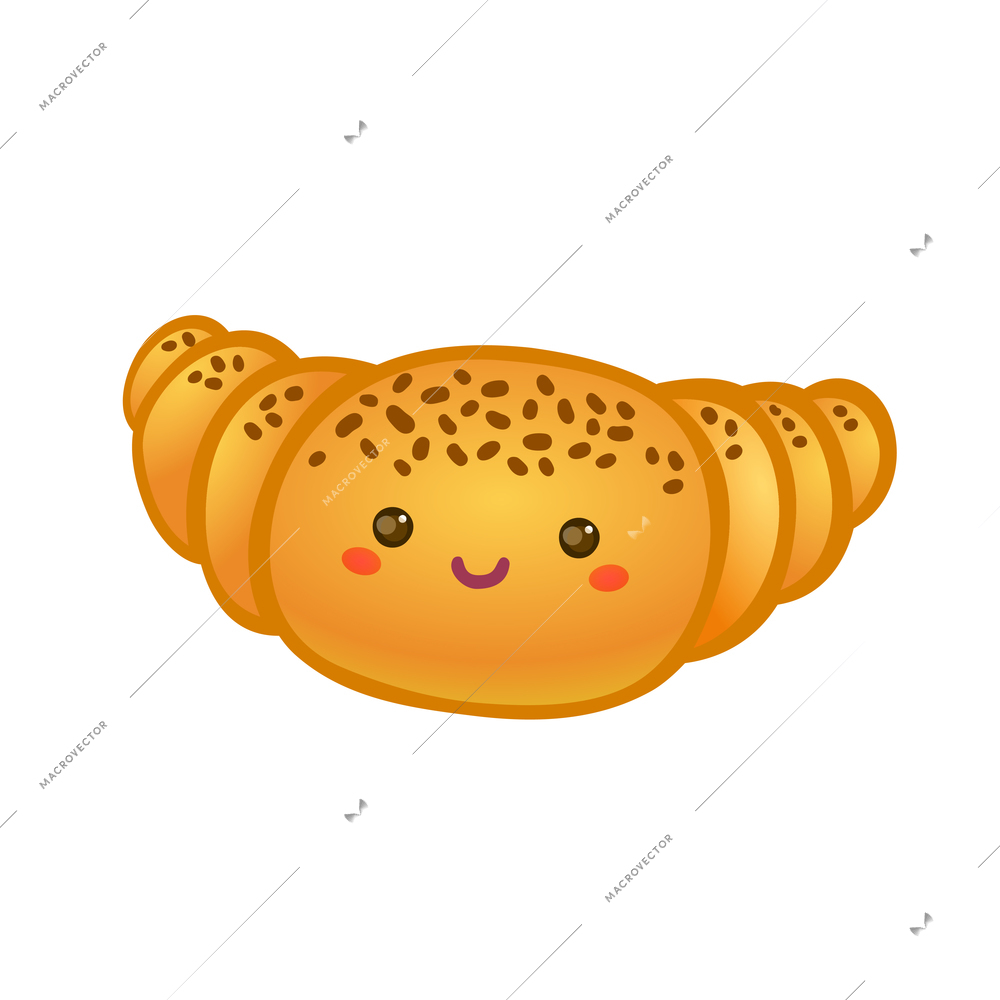 Sweet french croissant with cute face flat vector illustration