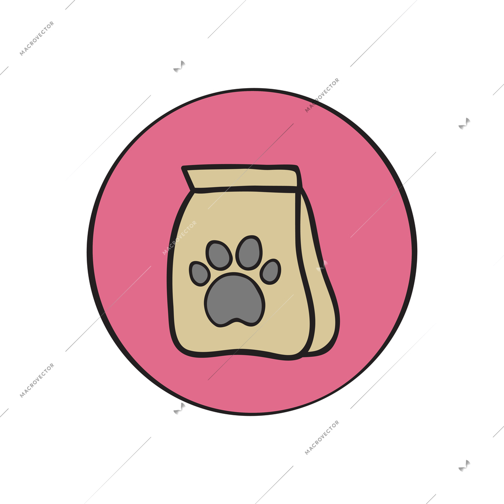 Flat round pink icon with package of dog food vector illustration