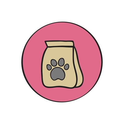 Flat round pink icon with package of dog food vector illustration