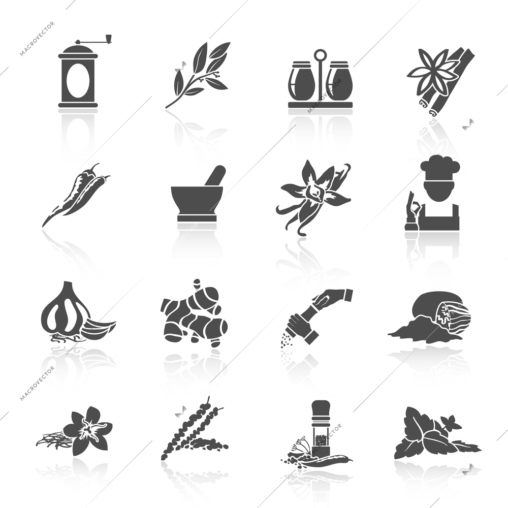 Herbs and spices black icons set of vanilla basil nutmeg isolated vector illustration