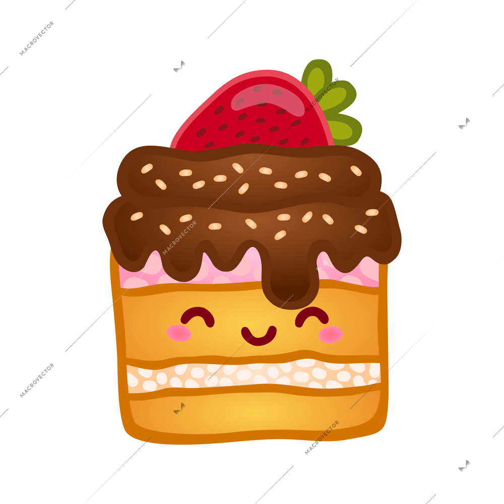 Flat icon with cute smiling strawberry cake vector illustration