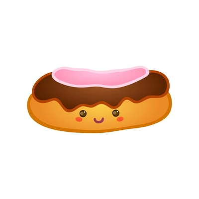 Flat eclair with cute face chocolate and pink topping vector illustration