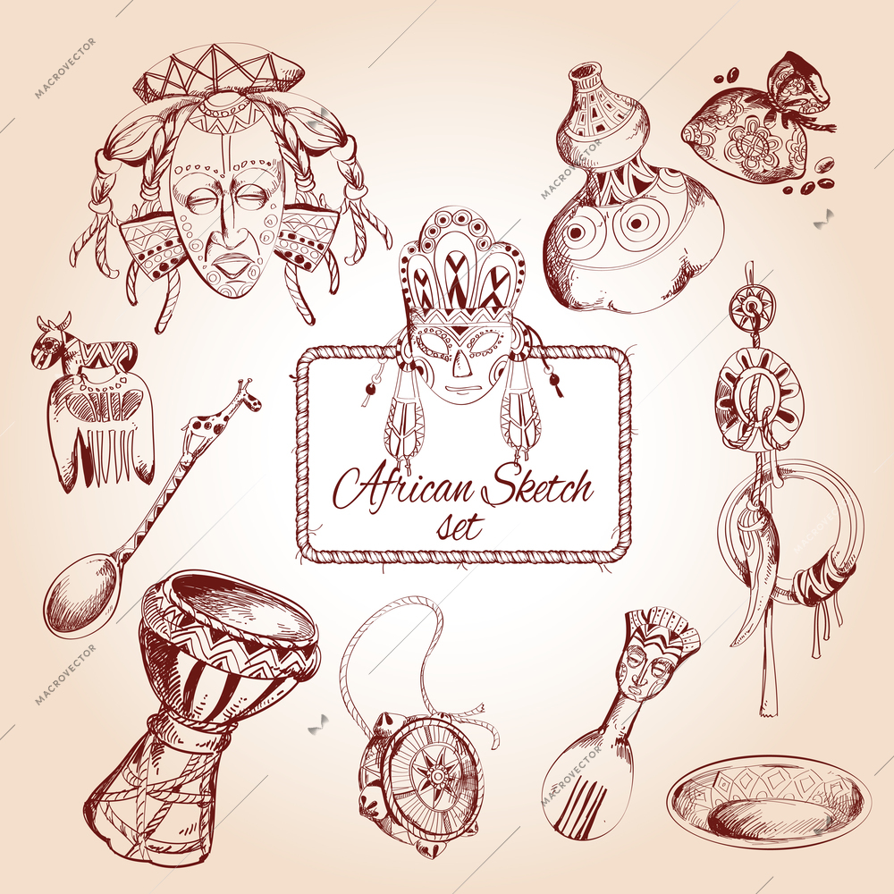 Africa jungle ethnic tribe culture travel sketch decorative icons set isolated vector illustration