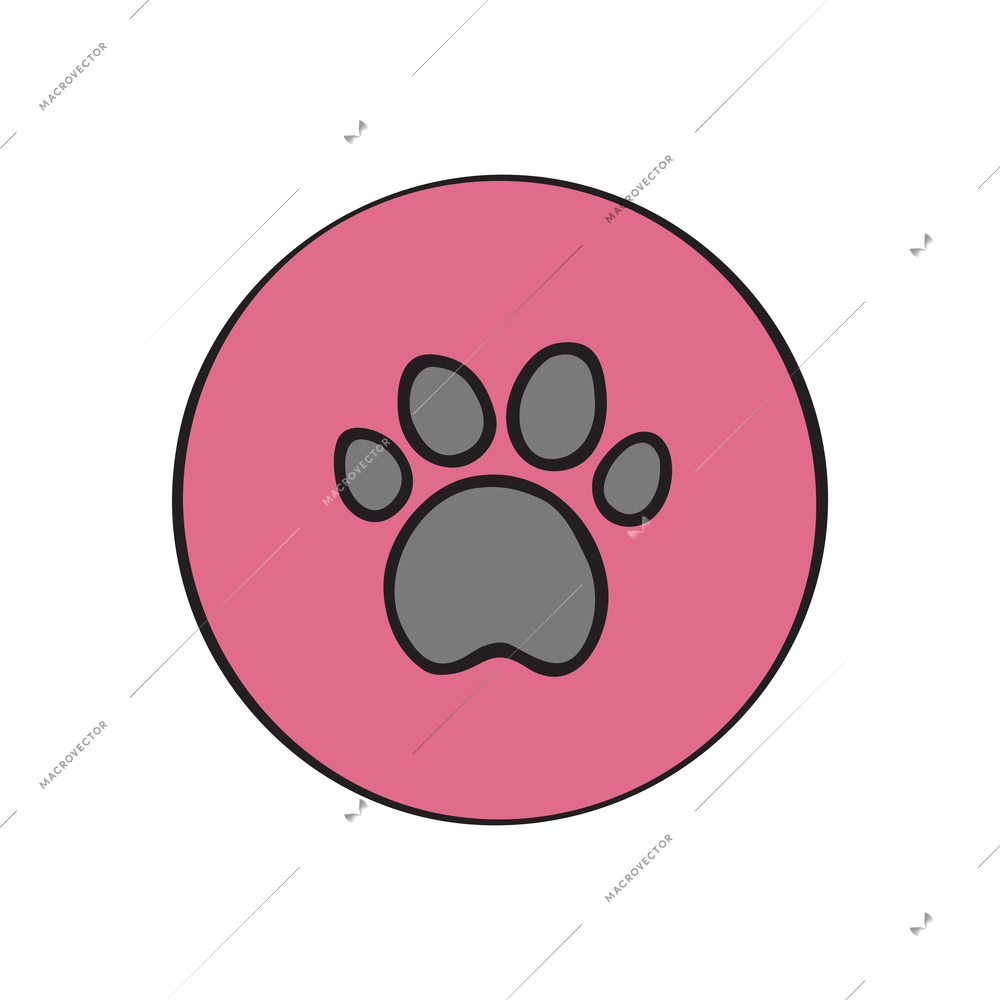 Pink flat round icon with dog paw print vector illustration