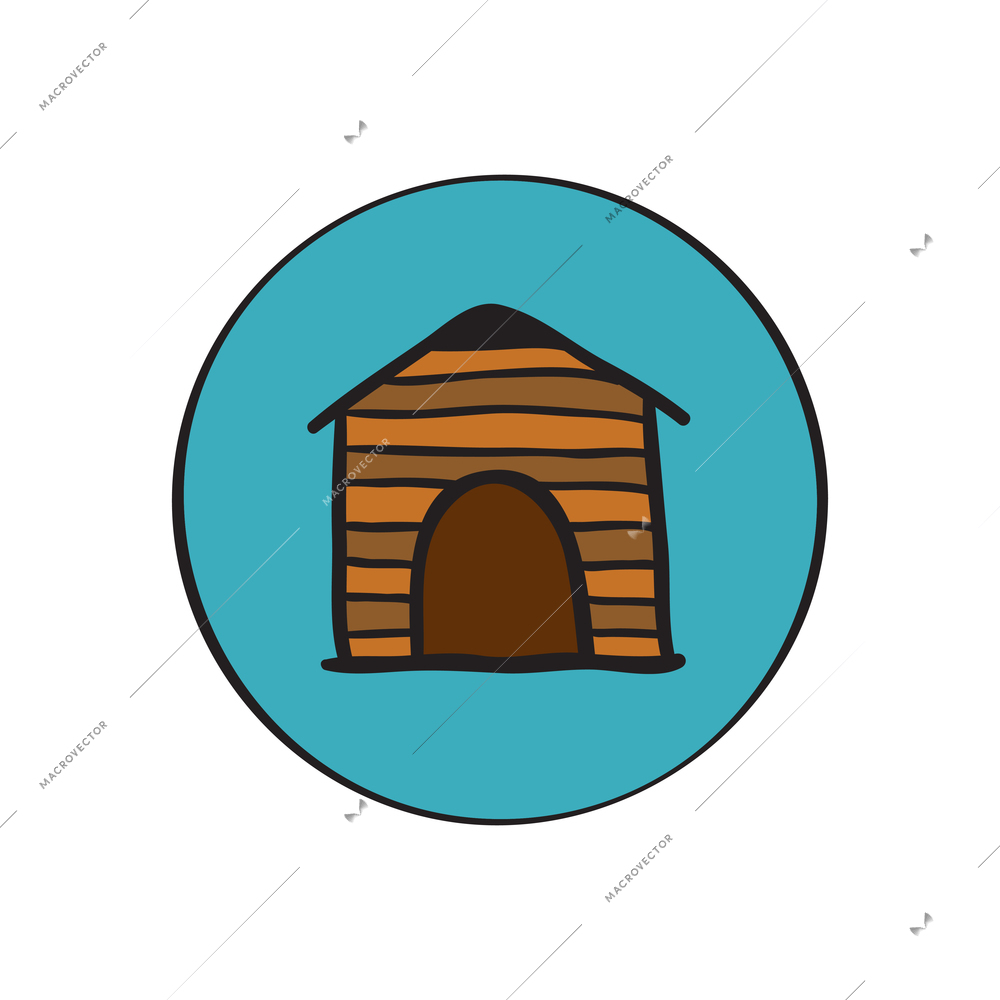Flat round icon with wooden dog kennel vector illustration
