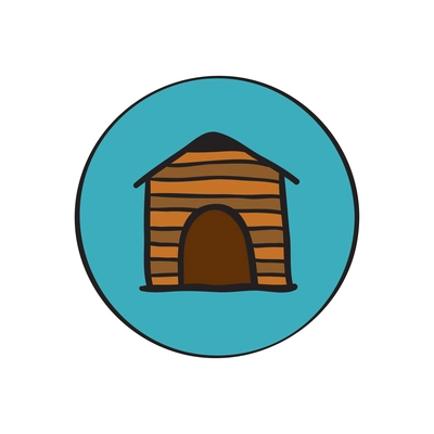 Flat round icon with wooden dog kennel vector illustration