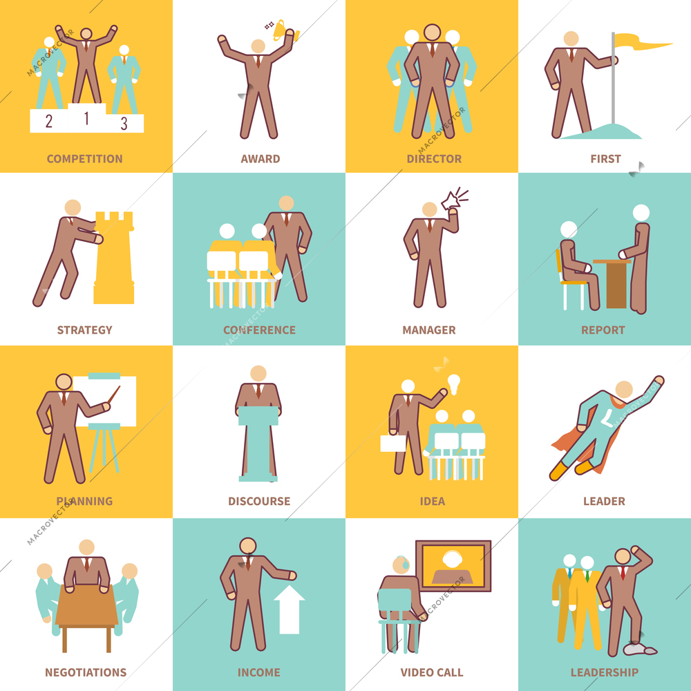 Leadership flat line icons set with competition award director first strategy isolated vector illustration