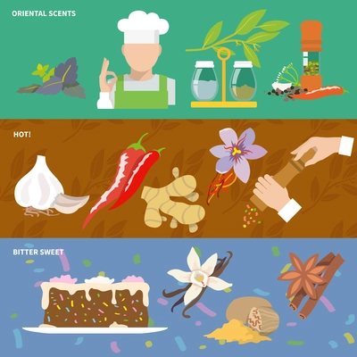 Herbs and spices oriental scents pepper hot bitter sweet banner set isolated vector illustration