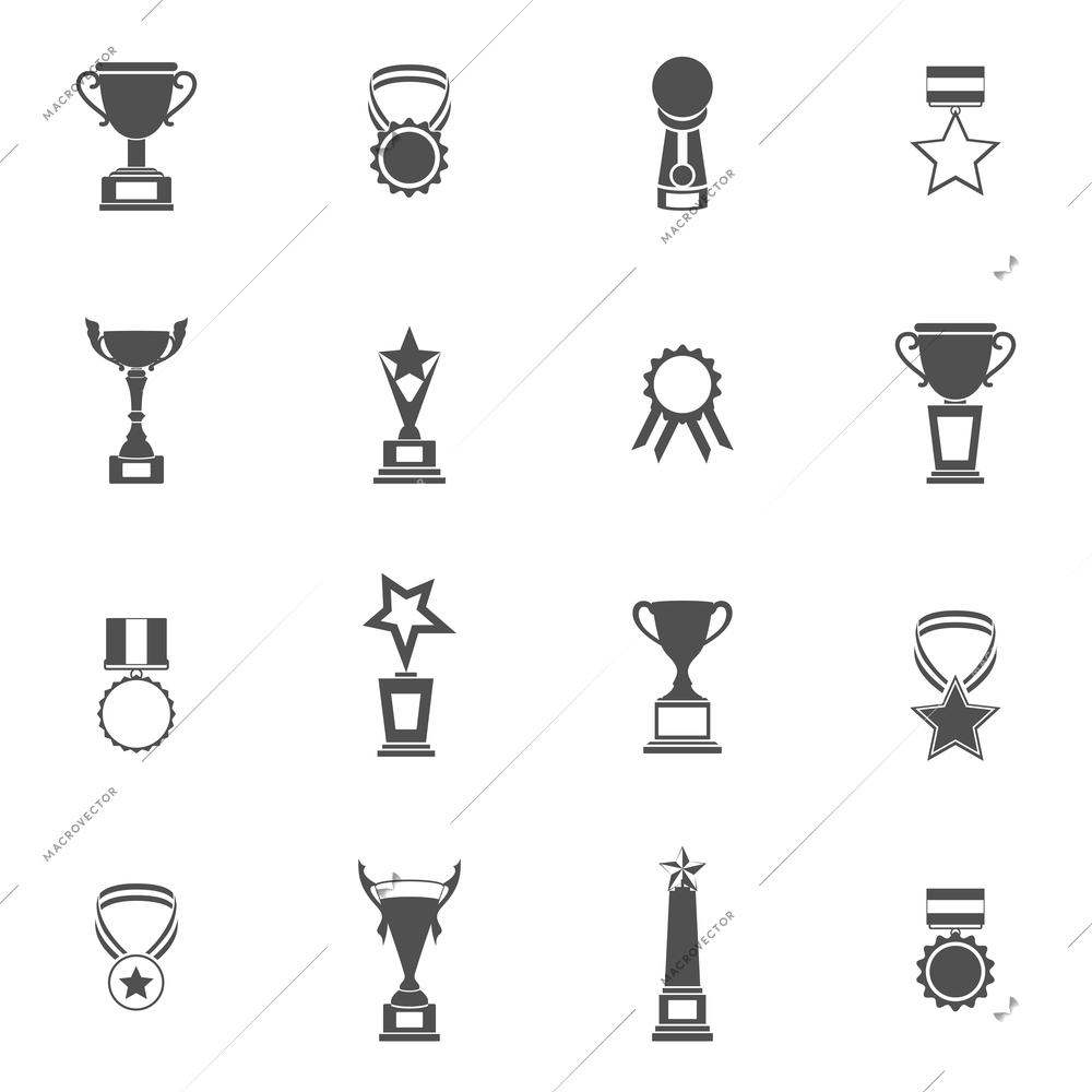 Trophy icons black set of champion medallion winner prize first place laurel wreath isolated vector illustration