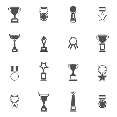 Trophy icons black set of champion medallion winner prize first place laurel wreath isolated vector illustration