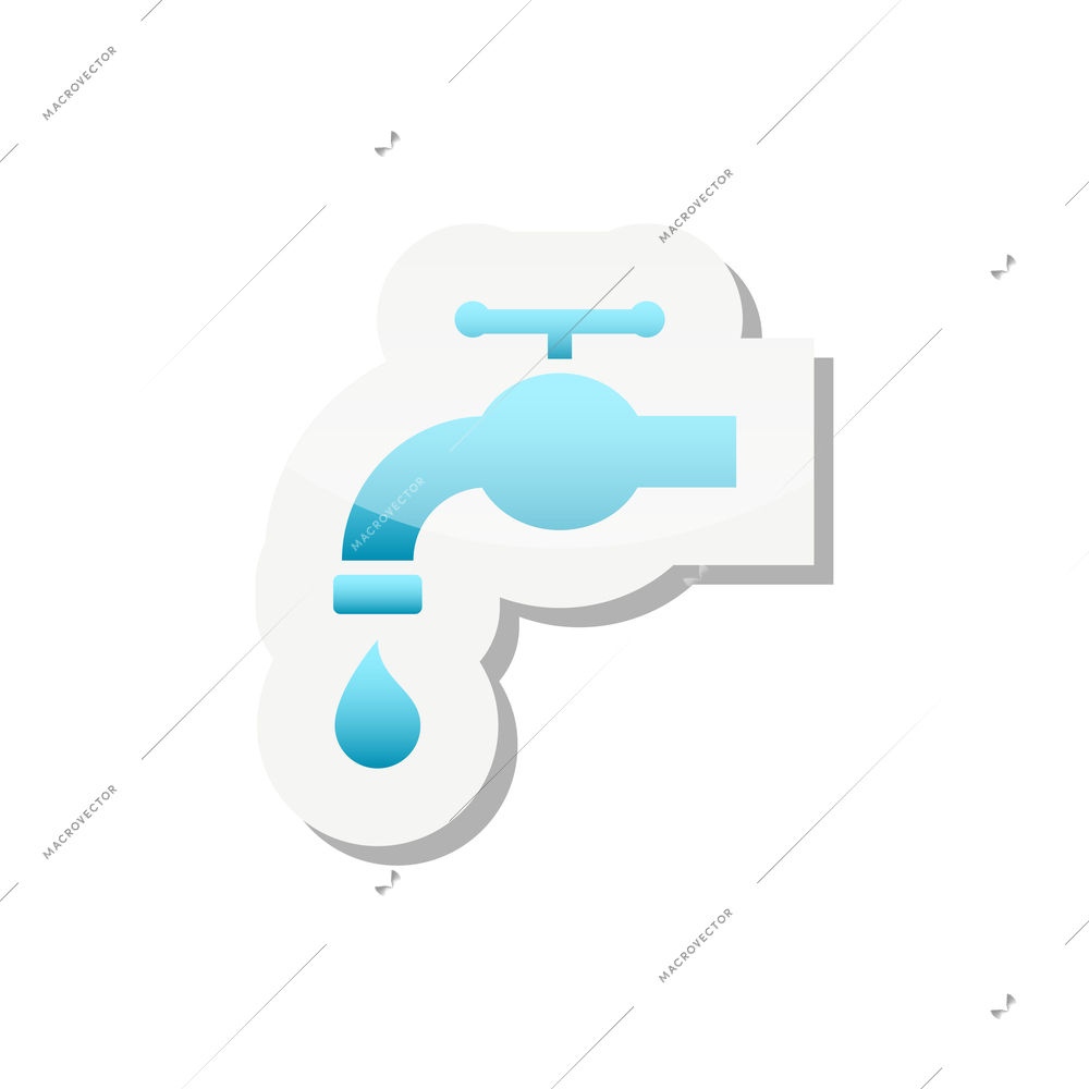 Blue faucet with water drop on sticker flat vector illustration