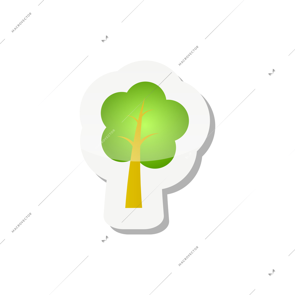 Flat sticker with green tree on white background vector illustration