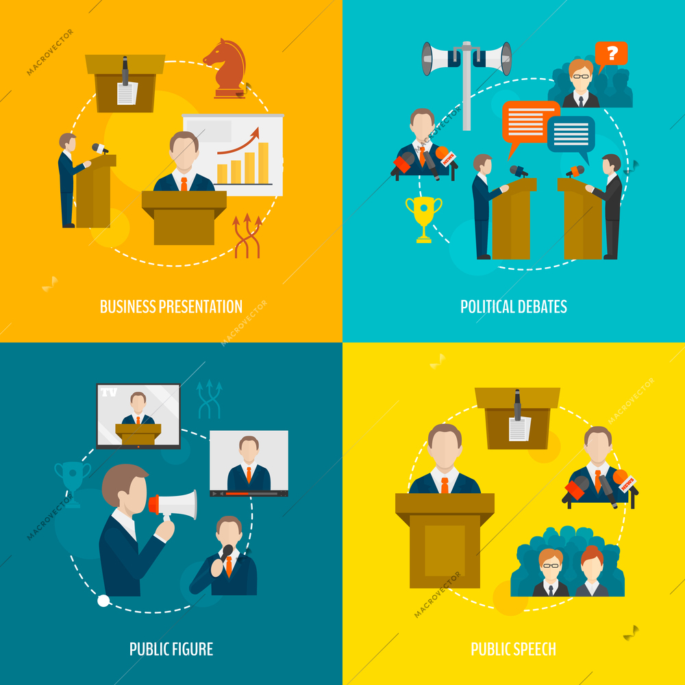 Public speaking flat icons set of business presentation political debates figure speech isolated vector illustration