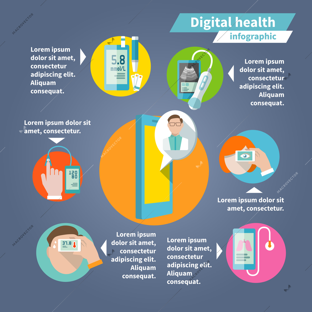 Digital health mobile medicine flat infographics set vector illustration