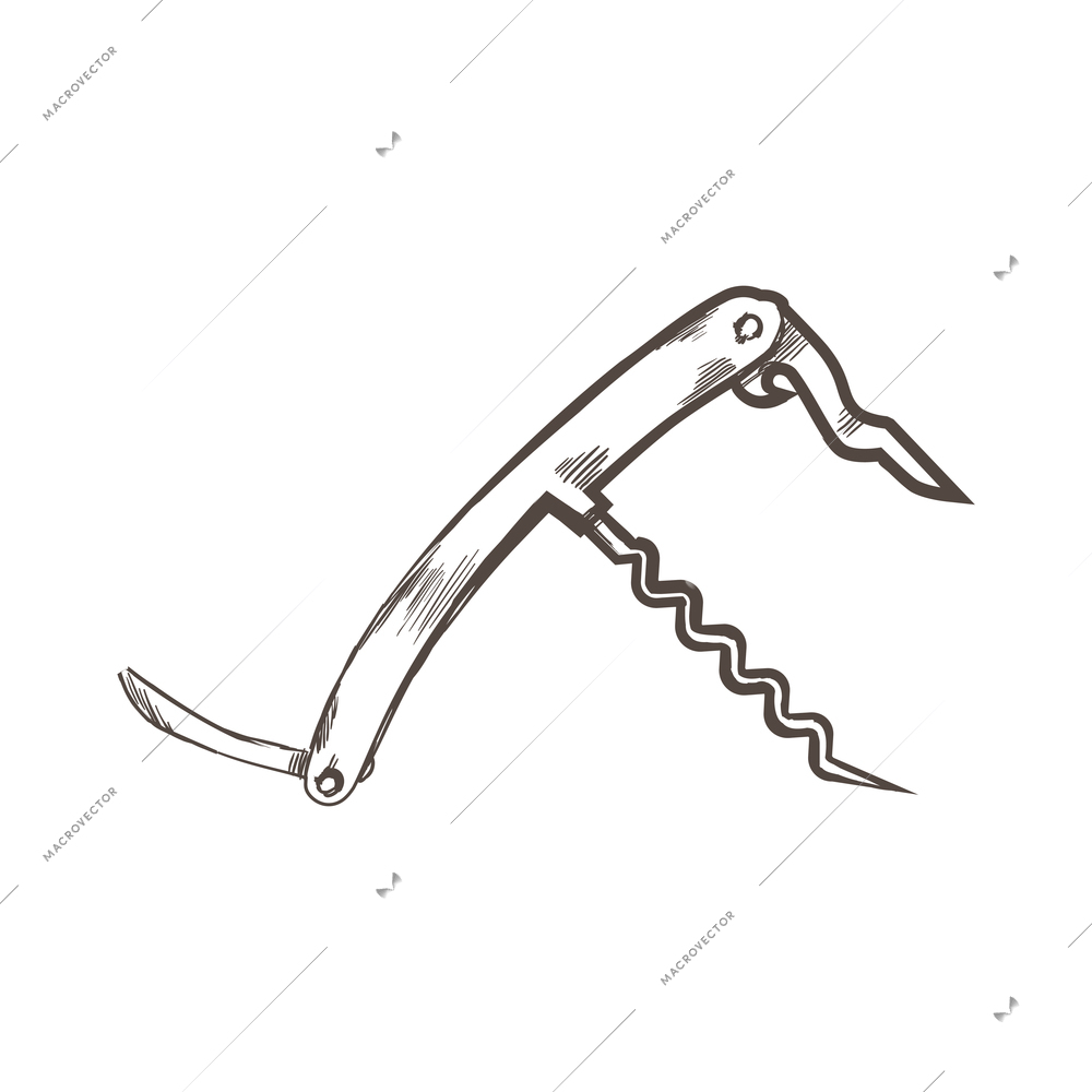 Hand drawn multipurpose corkscrew with knives vector illustration