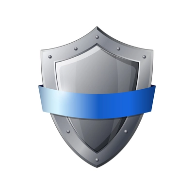 Grey metal shield with blue ribbon realistic emblem vector illustration
