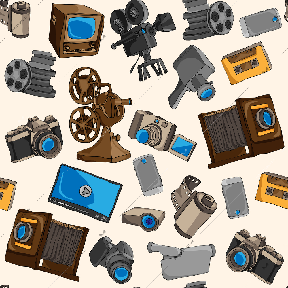 Photo video camera and multimedia entertainment technology colored seamless pattern vector illustration