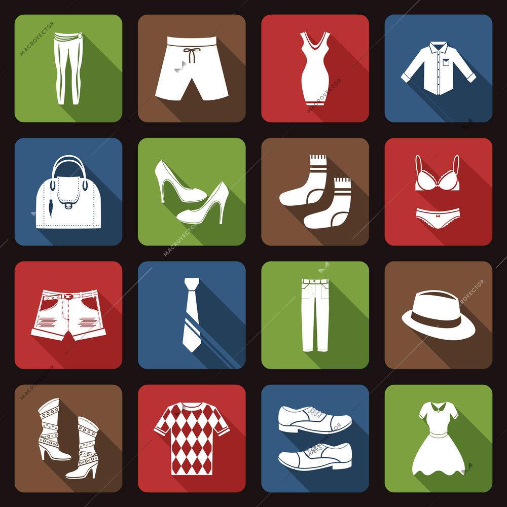 Male and female fashion clothes underwear and footwear flat icons set vector illustration