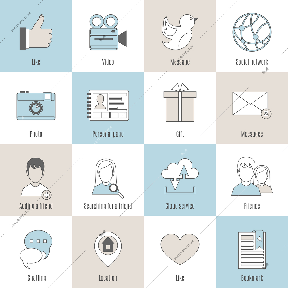 Social flat line icons set with like video message network isolated vector illustration