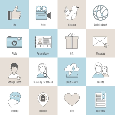 Social flat line icons set with like video message network isolated vector illustration