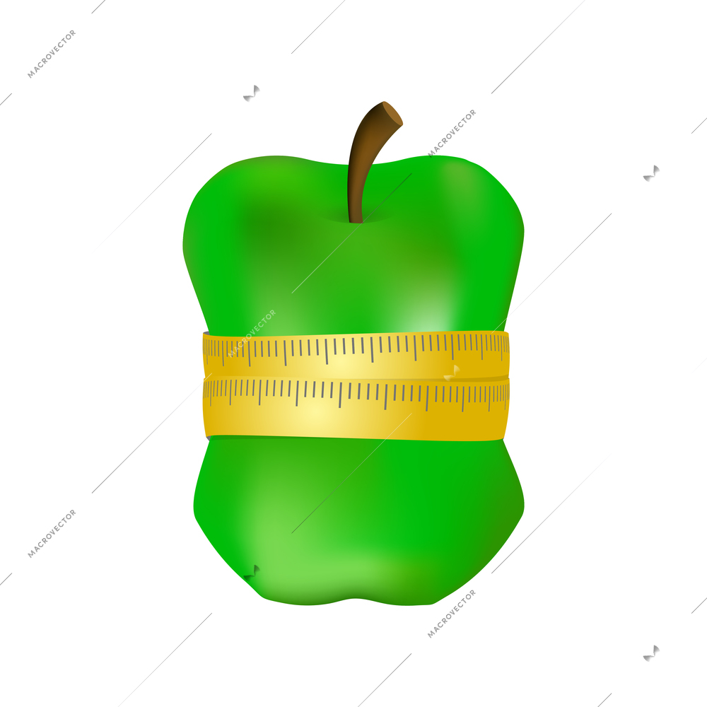 Realistic fitness weight loss icon with green apple and measuring tape around it vector illustration