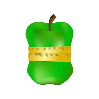 Realistic fitness weight loss icon with green apple and measuring tape around it vector illustration