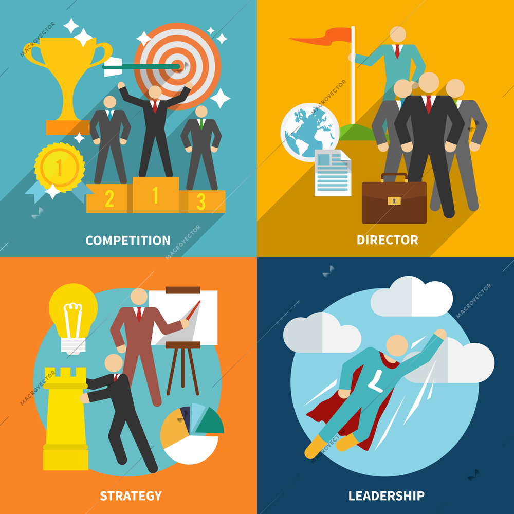 Leadership flat icons set with competition director strategy isolated vector illustration