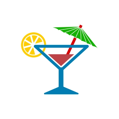 Cocktail glass with umbrella and lemon slice flat icon vector illustration