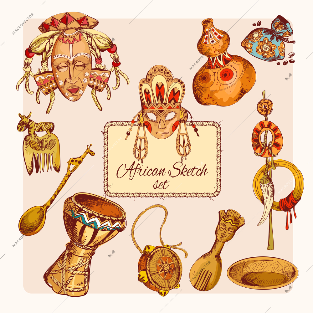 Africa safari ethnic tribe culture travel sketch colored decorative icons set isolated vector illustration