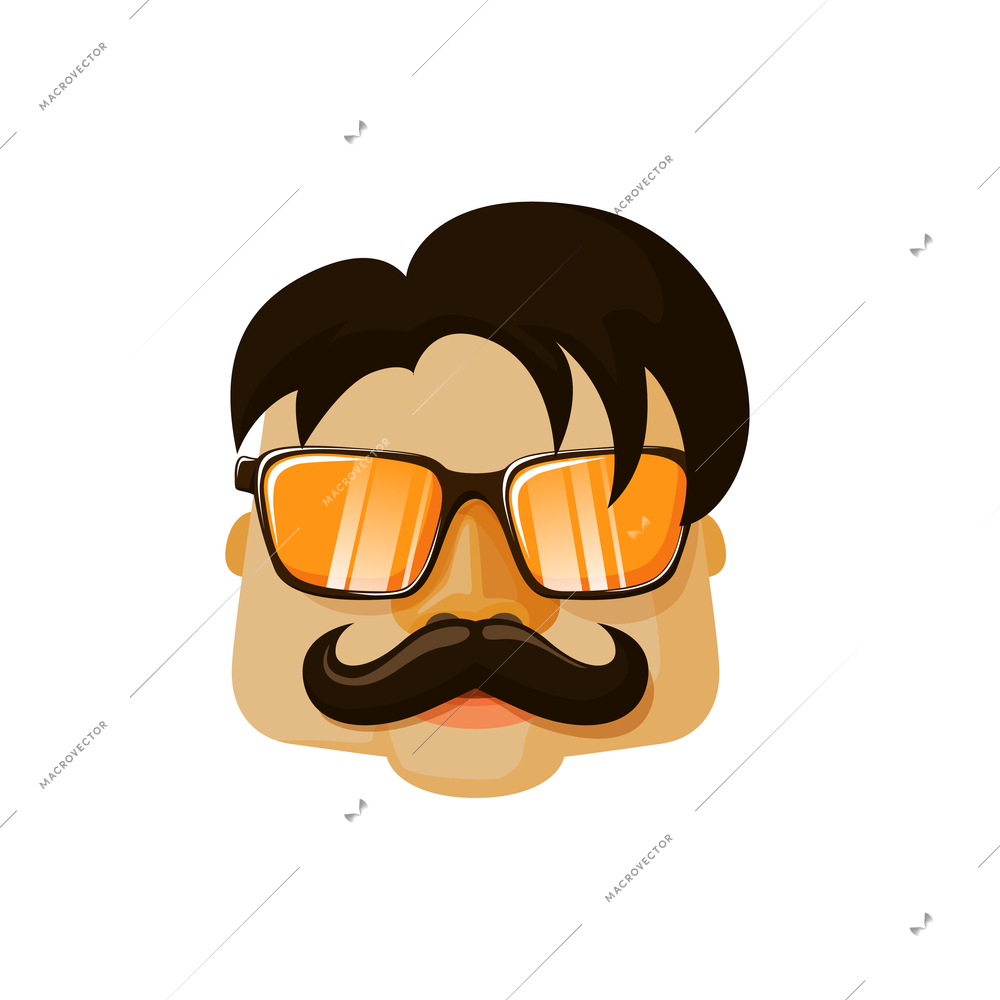 Male hipster character face with moustache trendy hairstyle and glasses flat icon vector illustration