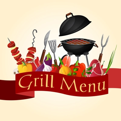 Meat fish and vegetables bbq barbecue grill party background vector illustration