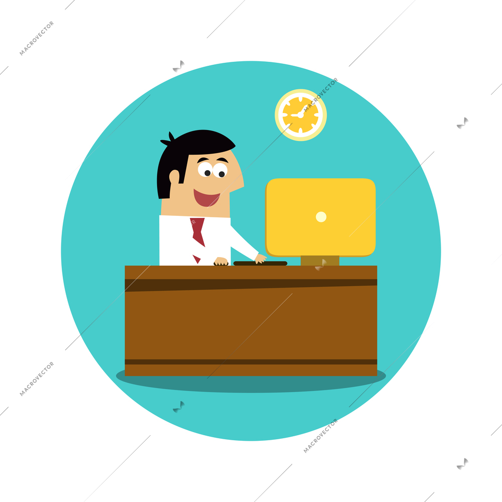 Happy office worker working on computer at his desk flat icon vector illustration