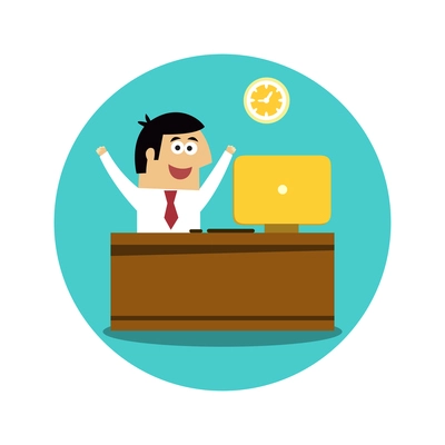 Flat round icon with happy businessman at his work place vector illustration