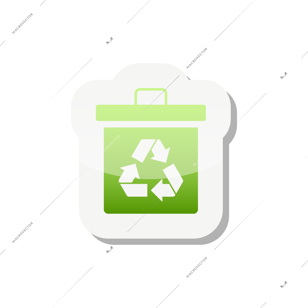 Flat sticker with green trash bin and recycle symbol vector illustration