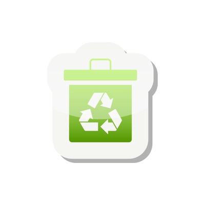 Flat sticker with green trash bin and recycle symbol vector illustration