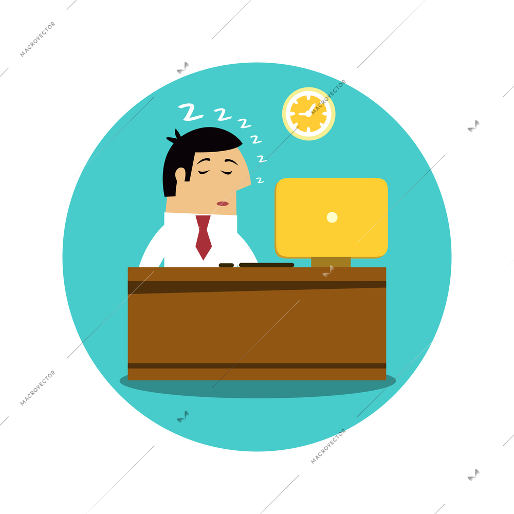 Exhausted sleepy office worker at his work place flat icon vector illustration