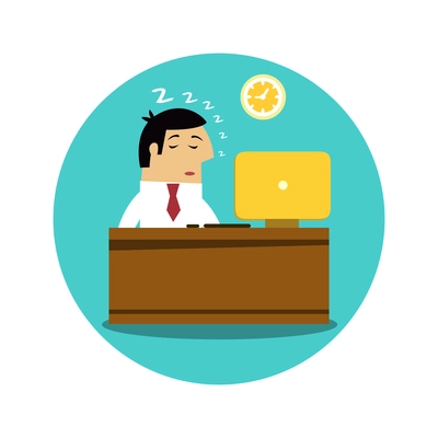 Exhausted sleepy office worker at his work place flat icon vector illustration