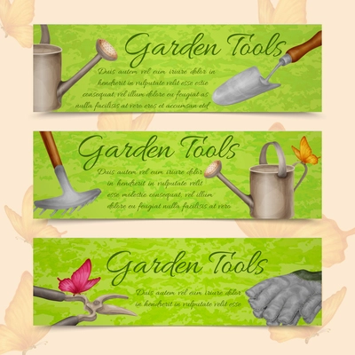 Garden tools farming agriculture equipment horizontal banners set isolated vector illustration