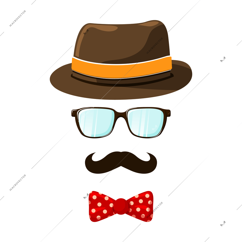 Flat male hipster accessory icon with hat glasses moustache and bow tie isolated vector illustration