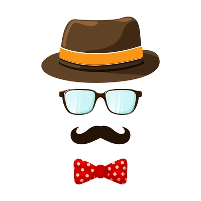 Flat male hipster accessory icon with hat glasses moustache and bow tie isolated vector illustration