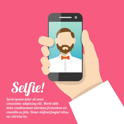 Selfie poster with man holding smartphone with self portrait picture vector illustration.