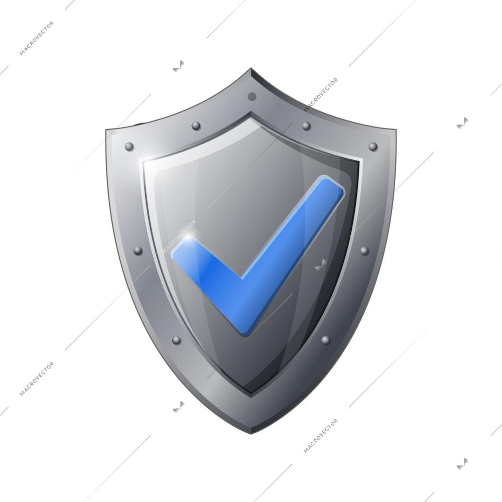 Realistic protection icon with metal grey shield with check mark vector illustration