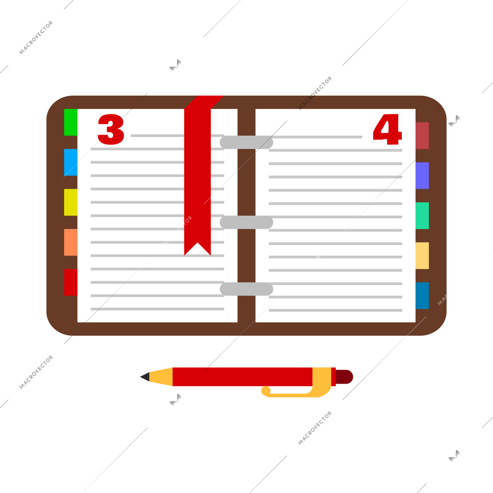 Open agenda with blank pages and pen flat icon vector illustration